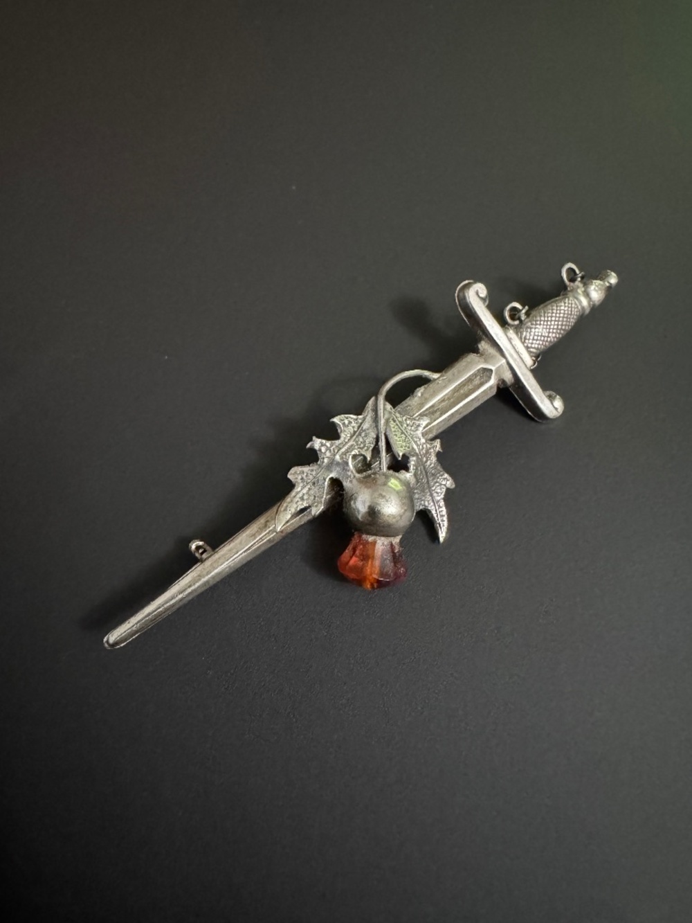 Antique Victorian Scottish Sterling Silver Dirk & Thistle Kilt Brooch (c. 1883)